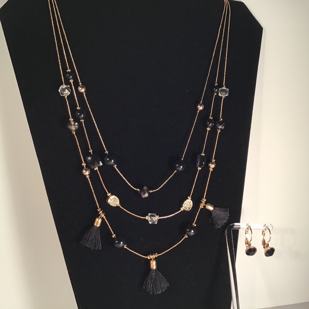 Necklace And Earrings Set - Chain Accented With Black, Clear & Gold Beads